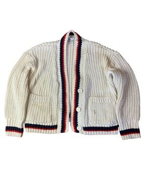 ZARA Chunky Cable Knit Varsity Cardigan Sweater Cream Red Navy Size L